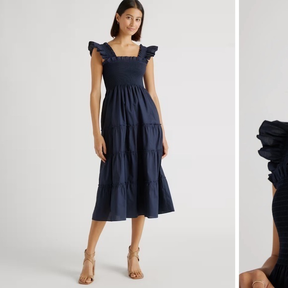 Quince Black 100% Organic Cotton Poplin Smocked Midi Dress Womens Large New